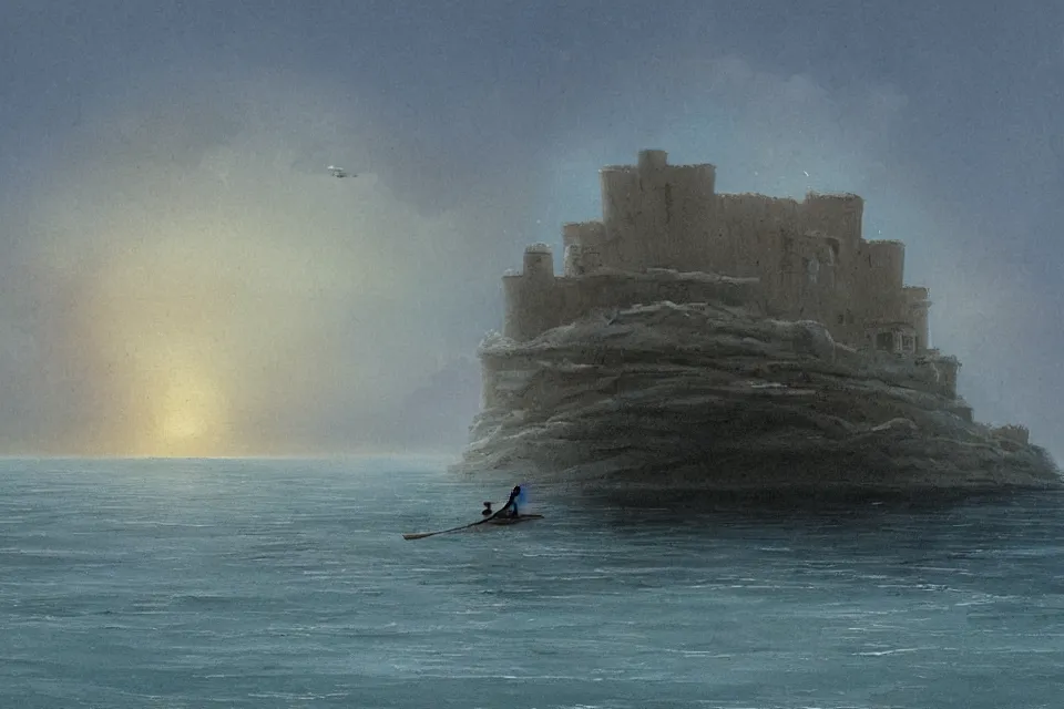 Prompt: lone fisherman rowing towards his giant seashell shaped fortress, in the style of john harris and moebius