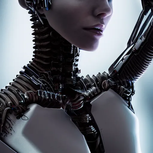 Image similar to eva elfie, chimeric organism, pale white skin, waist up portrait, biomechanical flesh, ex machina, organic steel, highly detailed, mendelbrot fractal, trending on artstation, cyberpunk, ghost in the shell, octane render uhd 4k