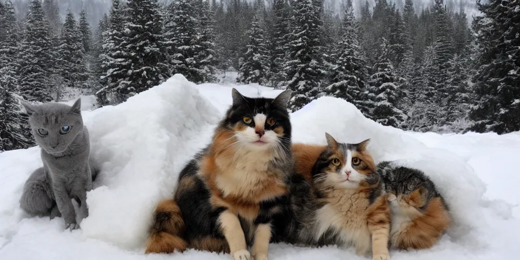 Image similar to a dog and a cat in the top of a snow mountain