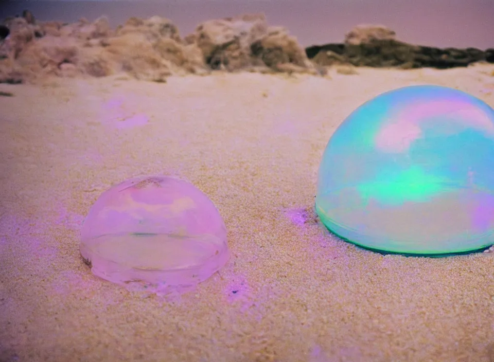 Prompt: a pastel coloured vintage family holiday photo of an empty beach from an alien dreamstate world with chalky pink iridescent!! sand, reflective lavender ocean water, dim bioluminescent plant life and an igloo shaped shiny plastic festival stage and transparent box speakers!!. glare. refraction, volumetric light.
