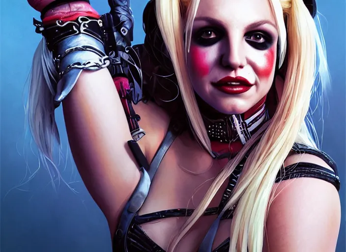 Image similar to highly detailed portrait of britney spears as harley quinn, in batman comics, stephen bliss, unreal engine, fantasy art by greg rutkowski, loish, rhads, ferdinand knab, makoto shinkai and lois van baarle, ilya kuvshinov, rossdraws, tom bagshaw, global illumination, radiant light, detailed and intricate environment