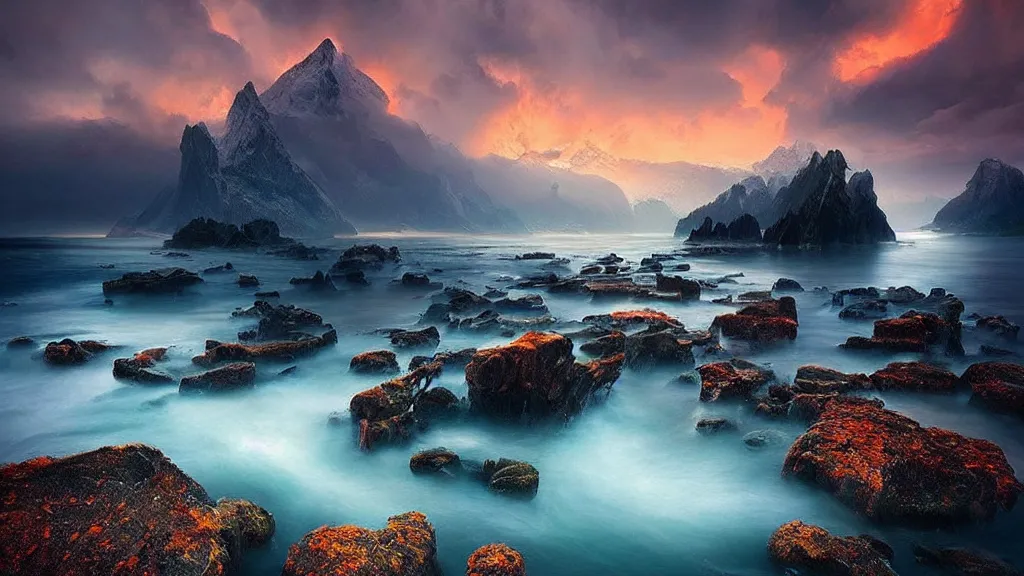 Image similar to amazing landscape photo by marc adamus, beautiful dramatic lighting