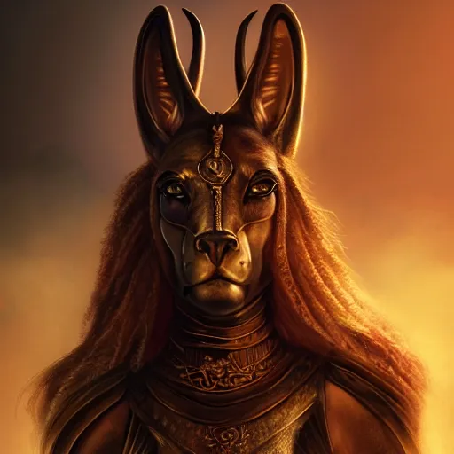 Image similar to majestic gracious anubis female warrior portrait, atmospheric lighting, painted, menacing, intricate, volumetric lighting, beautiful, rich deep colours masterpiece, golden hour, sharp focus, ultra detailed, by leesha hannigan, ross tran, thierry doizon, kai carpenter, ignacio fernandez rios