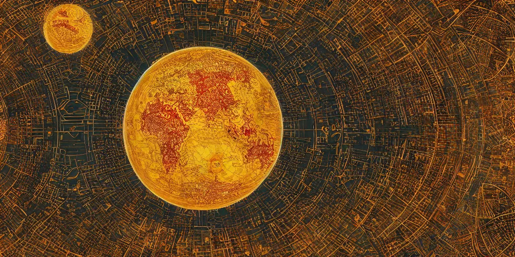 Prompt: highly detailed labeled atlas map poster of a synthetic planet, well - lit, ray tracing, detailed, paper drawing, fractal structure, golden, silver and crimson ink, factories and nature, intricate details