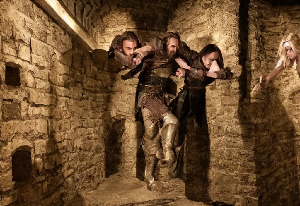 Image similar to photography emma watsons fight with nicholas cage in a medieval wine cellar detailed matte painting, cinematic