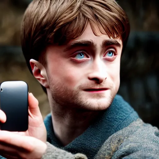 Image similar to photograph of daniel radcliffe as harry potter holding an iphone, canon mark ii, f / 1. 2, 8 k