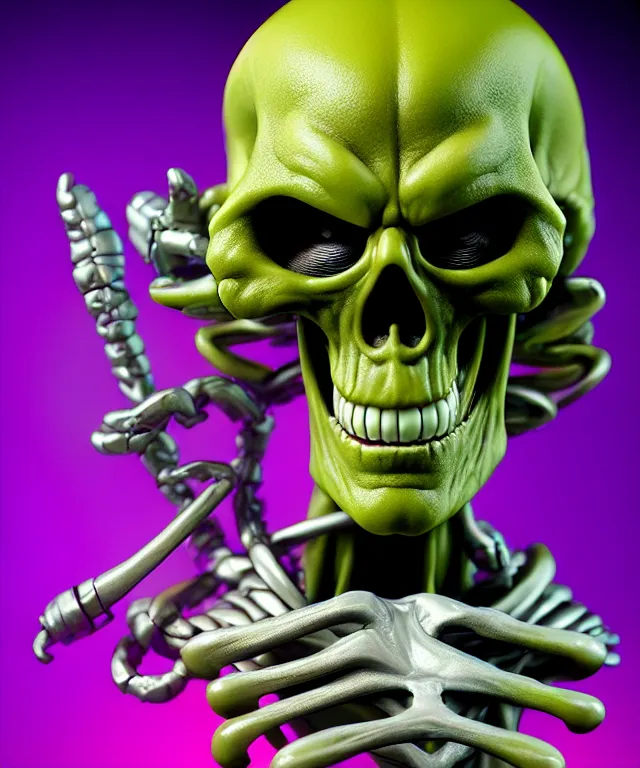 Image similar to hyperrealistic rendering, skeletor, by art of skinner and richard corben and jeff easley, product photography, action figure, sofubi, studio lighting, colored gels