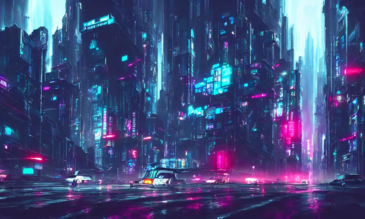 Prompt: photorealistic cyberpunk night city with flying robot and cybertruck with big mutant, digital paint, reflections, heavy rain, beautiful concept art, high detail, trending on artstation