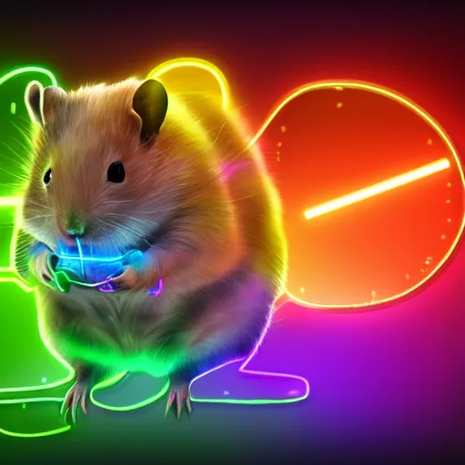 Image similar to cyberpunk hamster! holding rainbow! gem! crystal, neon lights, light reflection, logo, 8 k, hd