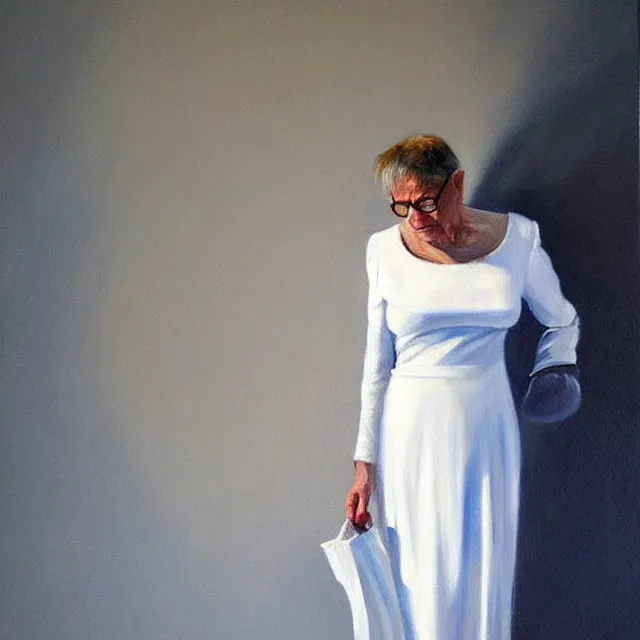 Prompt: a painting of a stunning middle aged woman in a white dress, a photorealistic painting by julio larraz, trending on cg society, figurative art, hyper realism, oil on canvas, detailed painting, eerie, liminal, subtle