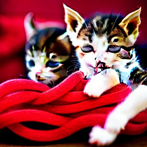 Image similar to sleepy two kittens playing with red yarn, cute, happy