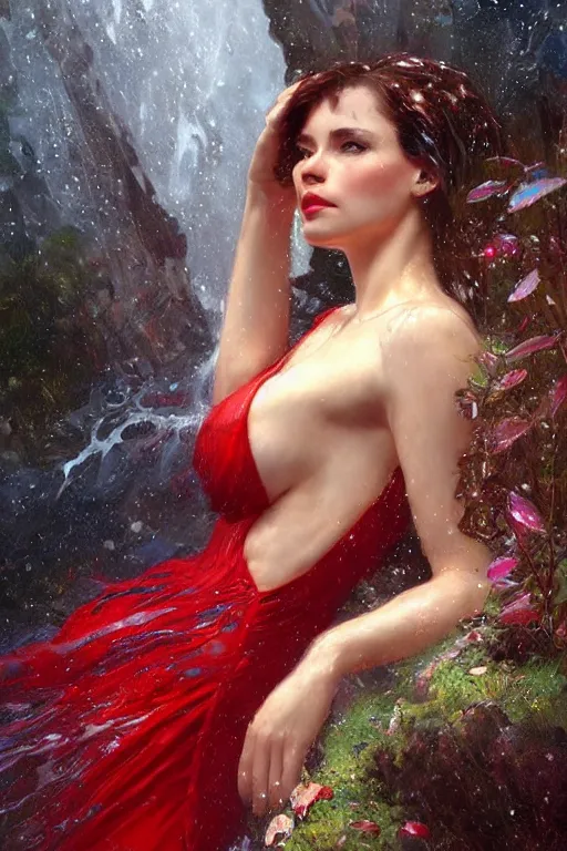 Image similar to portrait of a beautiful woman wearing a red dress, drenched body, wet dripping hair, emerging from the water, fantasy, regal, fractal crystal, fractal gems, by stanley artgerm lau, greg rutkowski, thomas kindkade, alphonse mucha, loish, norman rockwell ross tran