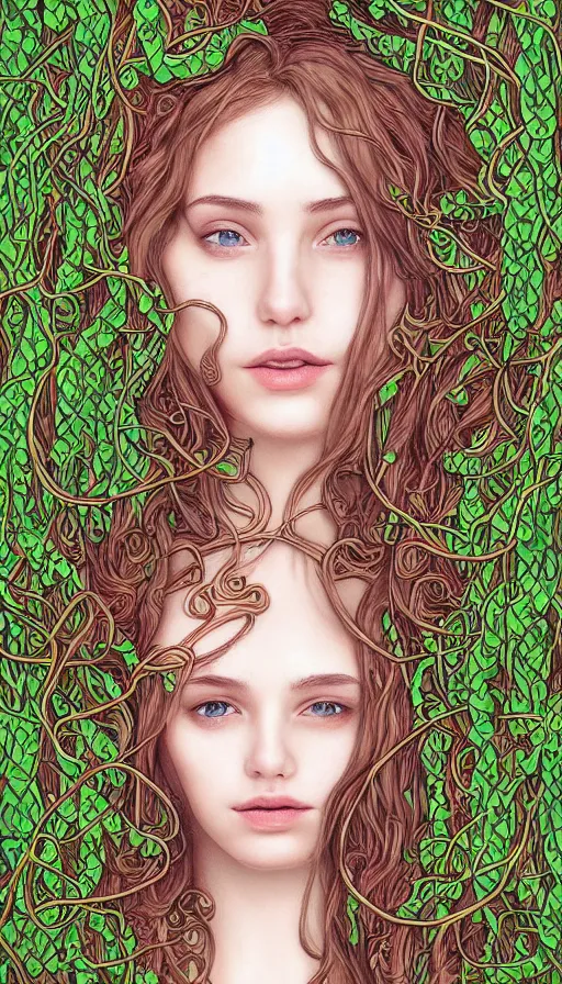 Image similar to very detailed portrait of a 2 0 years old girl surrounded by tentacles, the youg woman visage is blooming from fractal and vines, by esao andrew