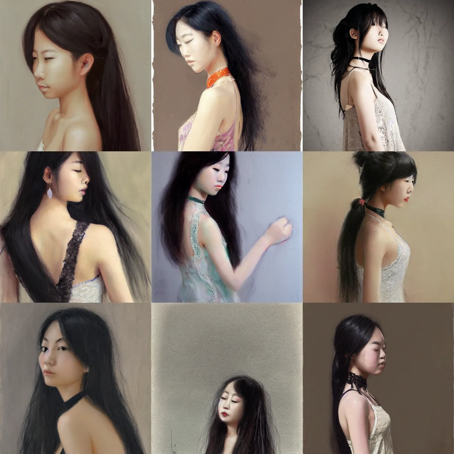 Prompt: asian girl with long hair, profile, downward gaze, lace camisole dress, choker necklace, by zhaoming wu