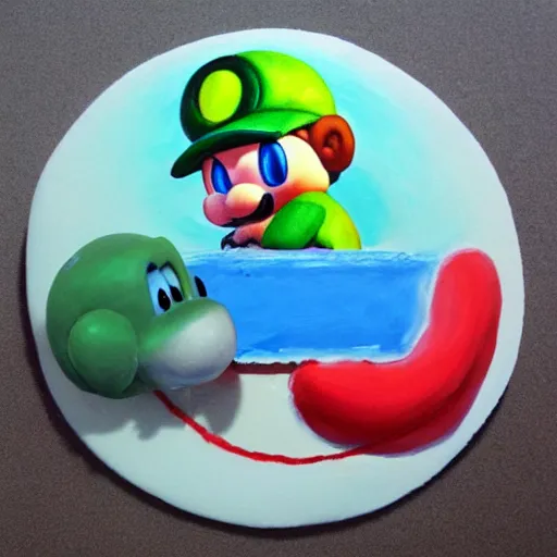 Image similar to oil on styrofoam crust - painting with melt of the yoshi story where baby mario is eaten by kirby