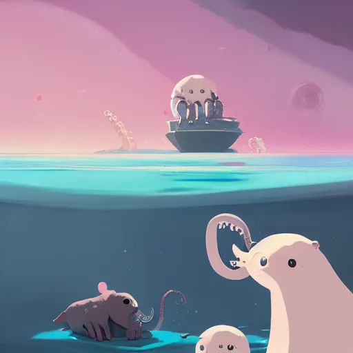 Prompt: baby harp seals being eaten by a giant octopus hippopotamus hybrid monster on an alien world, atey ghailan, goro fujita, studio ghibli, scary lighting, clear focus, very coherent