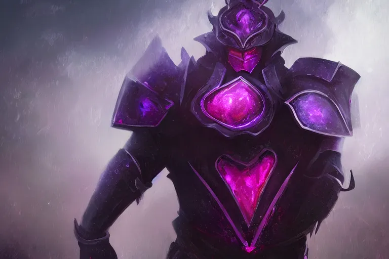 Prompt: masterpiece digital painting of an evil knight, full heavy black obsidian armor, chaotic ruby inlays, cape, by kev walker, atmospheric fog effects background, purple sparkles, artstation, deviantart, full body view, cinematic lights