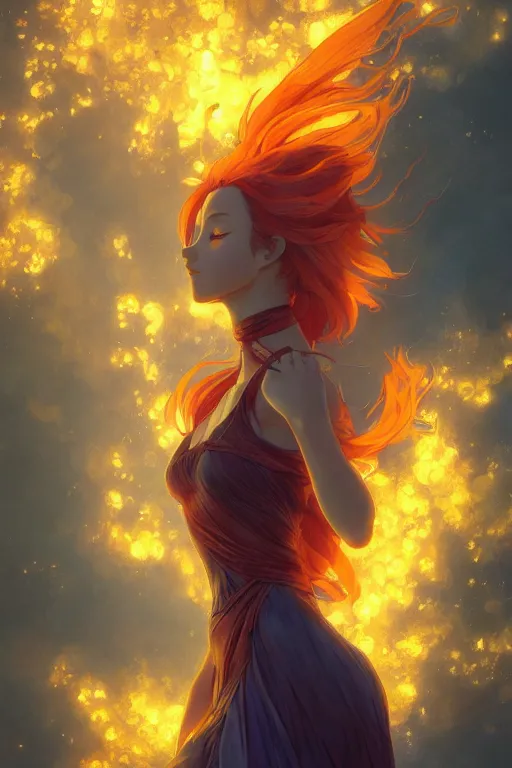 Image similar to a beautiful render of a beautiful female fire sprite, flames, anime, manga, a beautiful face, perfectly shaded, atmospheric lighting, style of makoto shinkai, raphael lacoste, louis comfort tiffany, artgerm, karol bak, james jean, alphonse maria mucha