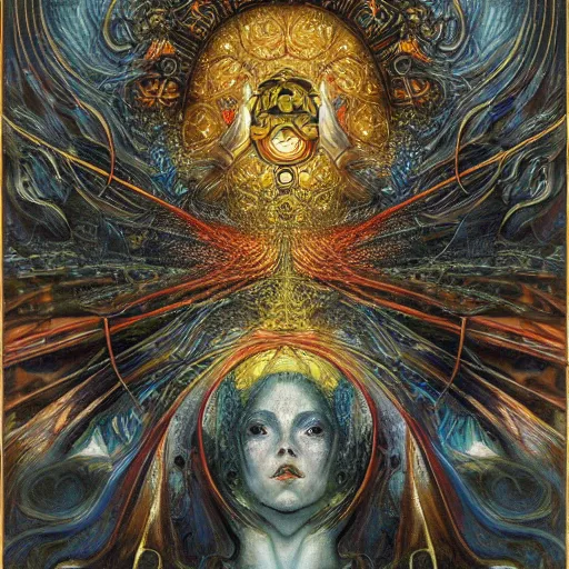 Prompt: Divine Chaos Engine by Karol Bak, Jean Deville, Gustav Klimt, and Vincent Van Gogh, celestial, visionary, sacred, fractal structures, ornate realistic gilded medieval icon, spirals, mystical