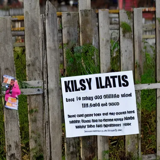 Prompt: a dirty wooden fence covered in posters for missing children