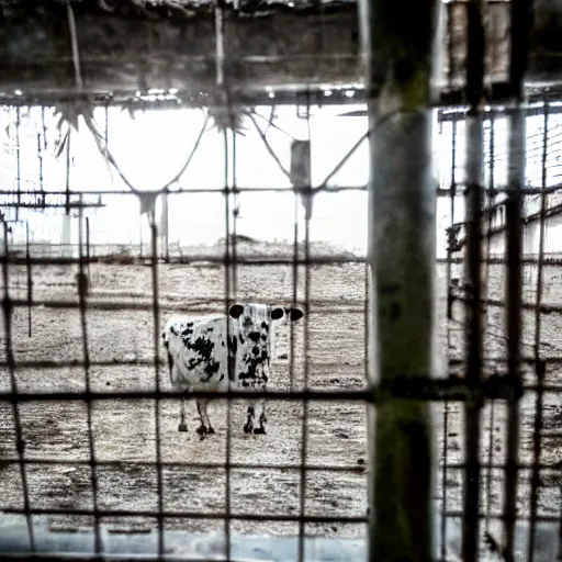 Image similar to dirty bottle of milk and a cow inside a cage, inside slaughterhouse