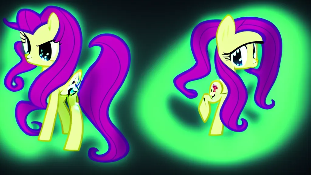 Image similar to 3D Fluttershy from My Little Pony as a necromancer, bright green swirls coming up around her, glowing aura, pitch black background, dramatic and colorful lighting, she is surrounded by green chibi glowing skulls, smoke all around, unrealengine, 4k, HDR