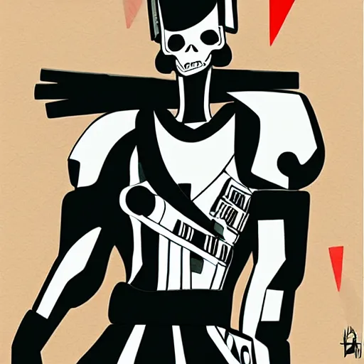 Image similar to a cyberpunk skull character drawn by genndy tartakovsky in the style of samurai jack