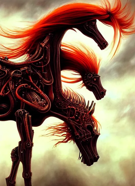 Image similar to realistic detailed image of a female horse-dragon-cyborg-android, orange hair blowing in an angry and stormy moody atmosphere, anime art, anime, inspired by H.R. Giger and Zdzislaw Beksinski and Mark Ryden, impressionistic gothic, rich deep colors. A masterpiece, matte painting, digital art, trending on artstation.