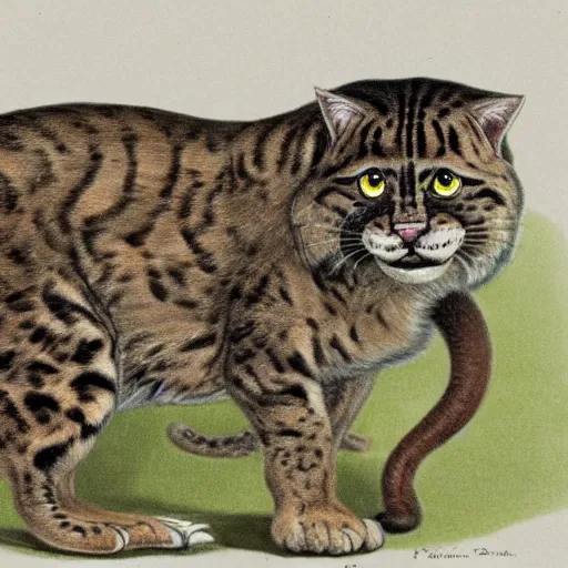 Prompt: an extinct sabertooth cat, cat with huge fangs, naturalist illustration