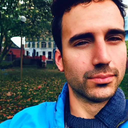 Image similar to Man young short facial hair brown hair wearing blue jacket leaves background selfie