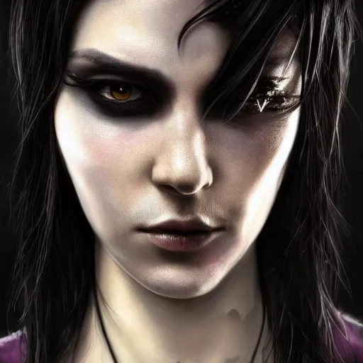 Image similar to portrait painting of an androgynous witch with shoulder length flowing black hair pale skin and beautiful dark brown eyes wearing a punk clothes, ultra realistic, concept art, intricate details, eerie, highly detailed, photorealistic, octane render, 8 k, unreal engine. art by artgerm and greg rutkowski and magali villeneuve