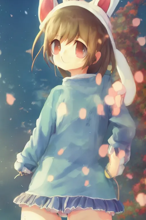 Image similar to Poster of tonemapped Smiling anime girl with bunny hat in the style of Makoto Shinkai, Yun Koga and Artstation