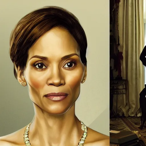 Image similar to portrait of maci holloway in the oval office, first woman elected as president in usa, cold but beautiful, about 3 5 years old, highly detailed, mix of halle berry and julia roberts, gong li, olga kurylenko, artstation hd, deviantart, by artgem, greg rutkowski