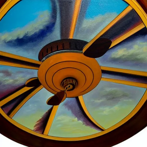 Image similar to an oil painting of a ceiling fan designed by frank lloyd wright