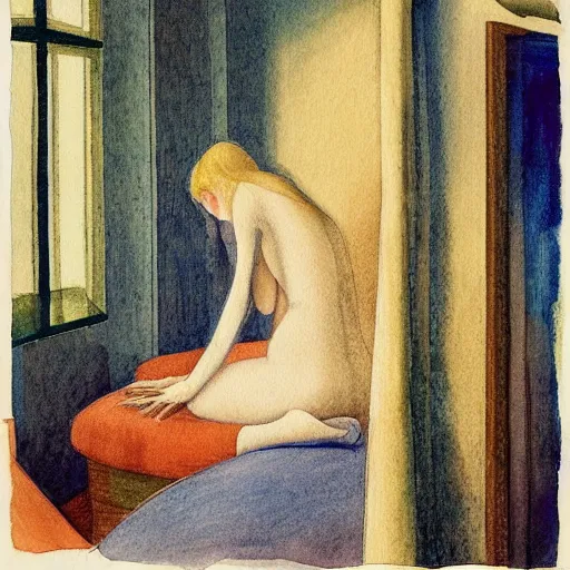 Image similar to a lonely girl in a liminal hotel room, watercolor by botticelli, limited color palette, very intricate, art nouveau, highly detailed, lights by hopper, soft pastel colors, minimalist