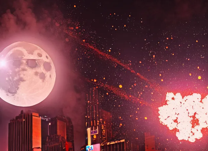 Image similar to film still of the moon shattering into pieces exploding moon over time square in the new disaster, 8 k, night time