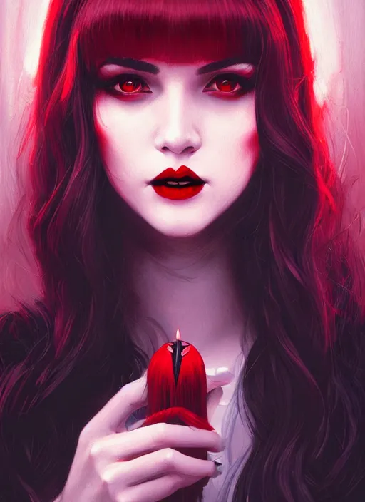 Image similar to portrait of vampire veronica lodge with bangs, vampire fangs, vampire, long hair, red clothes, bangs, vampironica, intricate, elegant, glowing lights, highly detailed, digital painting, artstation, concept art, smooth, sharp focus, illustration, art by wlop, mars ravelo and greg rutkowski