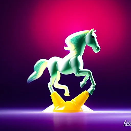 Image similar to a plastic horse toy is dancing on lying astronaut, concept art, fantasia photo