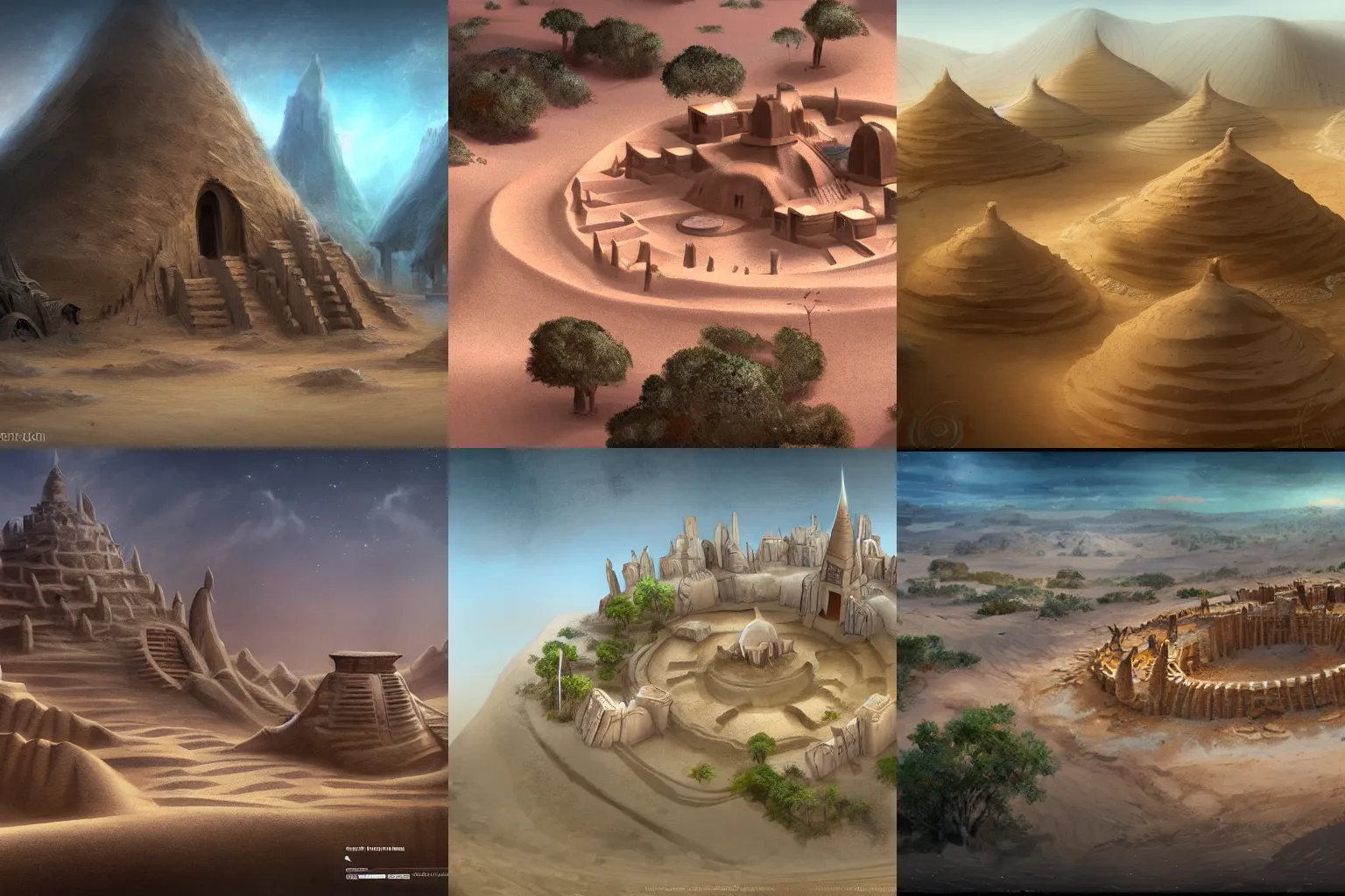 Prompt: The spiritual village of a lost civilization built near the water of a lone oasis in the center of a seemingly infinite sand desert full of tall sand dunes, concept art, game art, trending on art station, matte painting