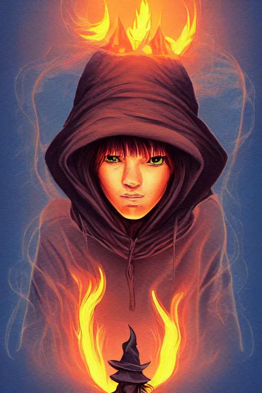 Prompt: aportrait of a witch fire with hoodie, trending on arstation, by dan mumford, by ross tran