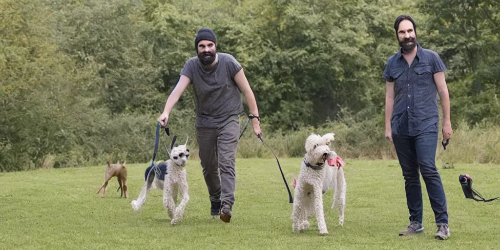 Prompt: adam buxton and his dog rosie recording a podcast, fields, walking, half whippet and half poodle, photorealistic