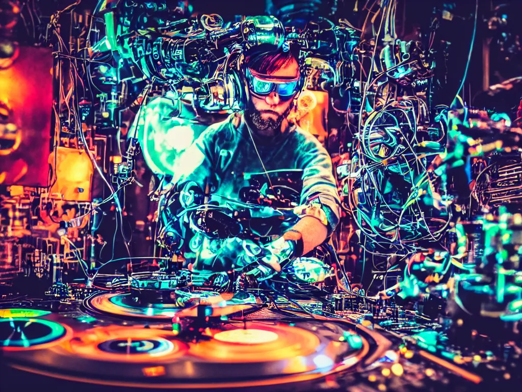 Image similar to a person wearing goggles and visor and headphones using a steampunk record player contraption, wires and tubes, turntablism dj scratching, intricate planetary gears, cinematic, imax, sharp focus, leds, bokeh, iridescent, black light, fog machine, hazy, lasers, hyper color digital art, cyberpunk