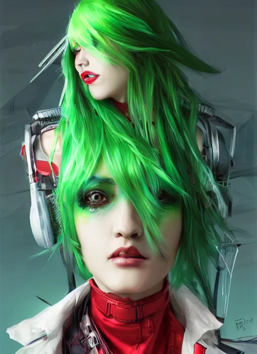 Prompt: cyberpunk woman with green hair wearing futuristic clothes and a red plaid miniskirt, beautiful face, by wlop, by artgerm, by yoshitaka amano, digital art, matte art, octane render, lineart, pop art