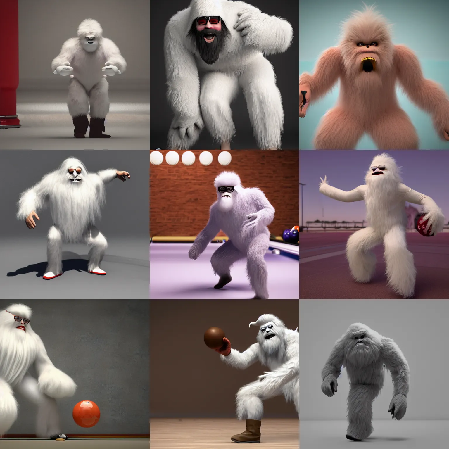 Prompt: texas man dressed as a yeti, bowling. vray, photorealistic, octane render.