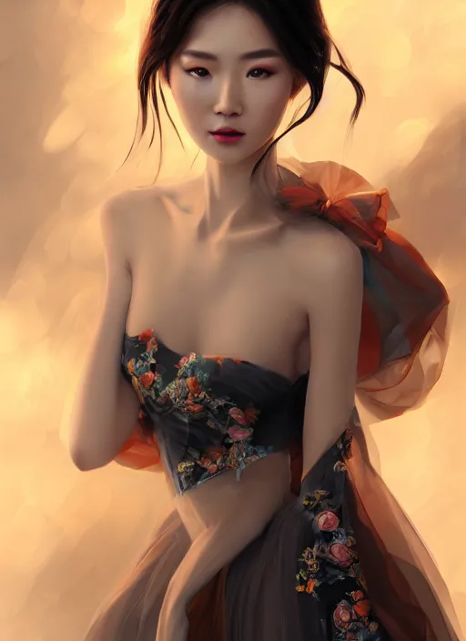 Image similar to beautiful chinese fashion goddness, strapless dress, character portrait in the style of thomas river and artgerm, wlop, cinematic lighting, hyperdetailed, 8 k realistic, symmetrical, global illumination, radiant light, halo, love and mercy, frostbite 3 engine, cryengine, dof, trending on artstation, digital art, chanel