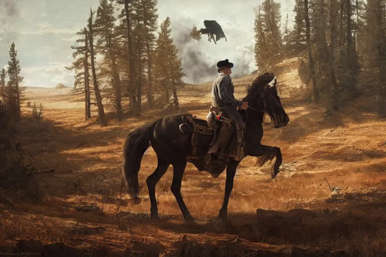 Image similar to an ultradetailed image of dean winchester as an old west gunfighter shooting at a charging wendigo, ultrawide lens, aerial photography, masterpiece, 8 k, art by greg rutkowski and albert bierstadt