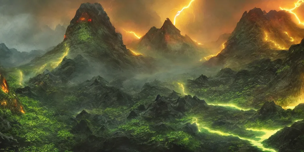 Prompt: boundary of two lands, green wild jungle vs dark mountain with lava, magic and lightning, epic, fantasy, D&D, intricate, epic landscape, highly detailed, sharp focus, cinematic lighting