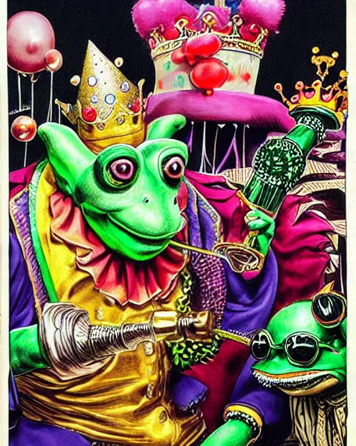 Image similar to Clown Frog King popping champagne at the roulette table, clown frog king wearing clown makeup and rainbow wig, clown crown artwork by Glenn Fabry and Kentaro Miura