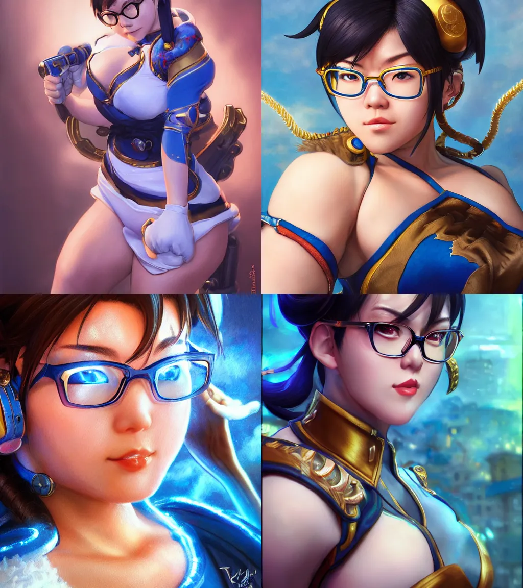 Prompt: mei from overwatch dressed as chun li from street fighter, glasses, hyperdetailed, by thomas kinkade, donato giancola, intricate, soft lighting, raytracing, sharp focus, cgsociety