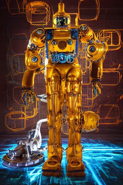 Image similar to portrait photo of a giant huge golden and blue metal humanoid steampunk robot cleaner robot, with gears tubes vaccuumcleaner, on the wet floor are mop and bucket, eyes are glowing red lightbulbs, shiny crisp finish, 3 d render, 8 k, insaneley detailed, fluorescent colors, background is multicolored lasershow